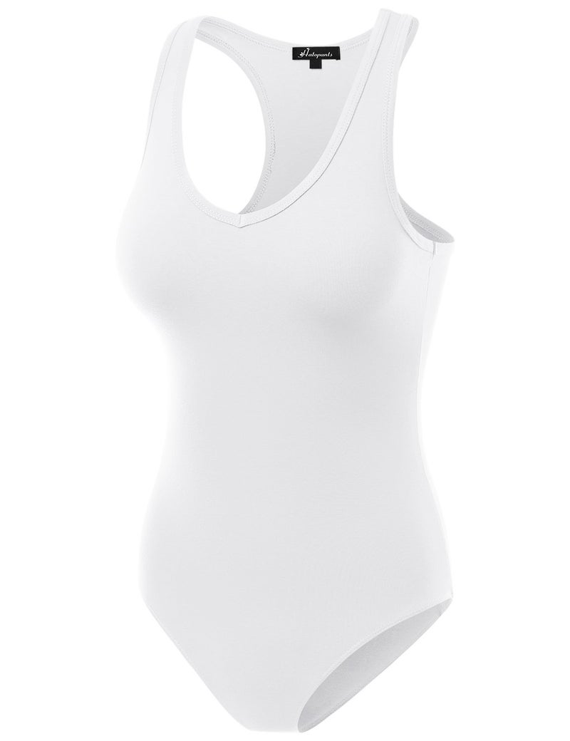 HATOPANTS Racerback Tank Top Bodysuits Sleeveless Sexy V-Neck Cotton Jumpsuits White L - Image 2